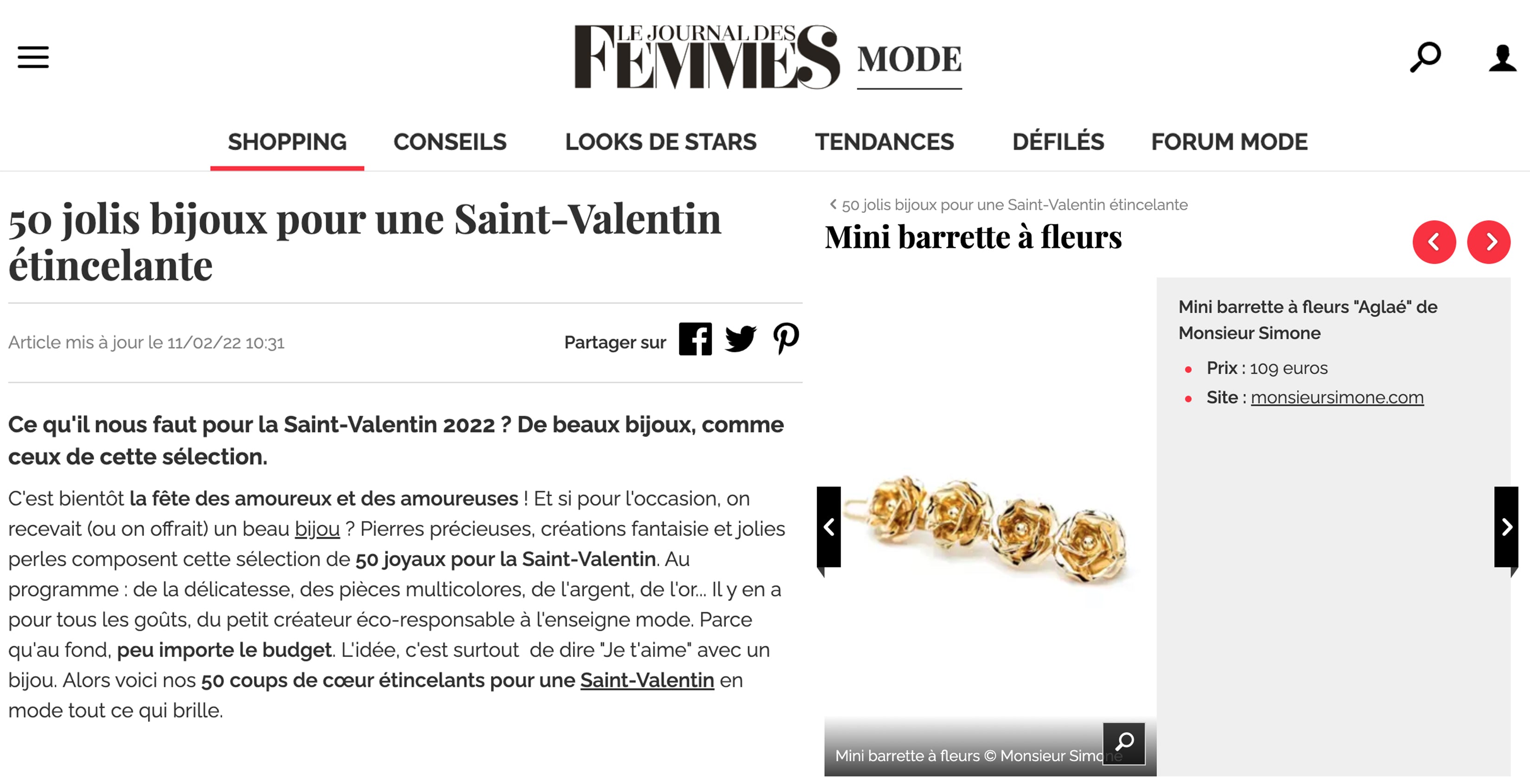 Bijoux Monsieur Simone - Le Journal des Femmes - Février 2022