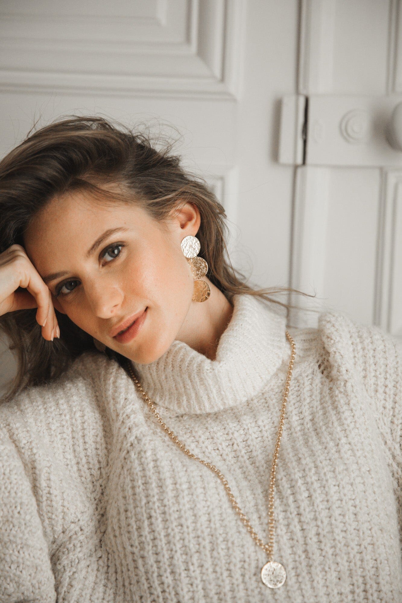 Maxi Boucles d'Oreilles Puces Pendantes Hestia Or Ronds Martelés Boucles d'Oreilles Monsieur Simone