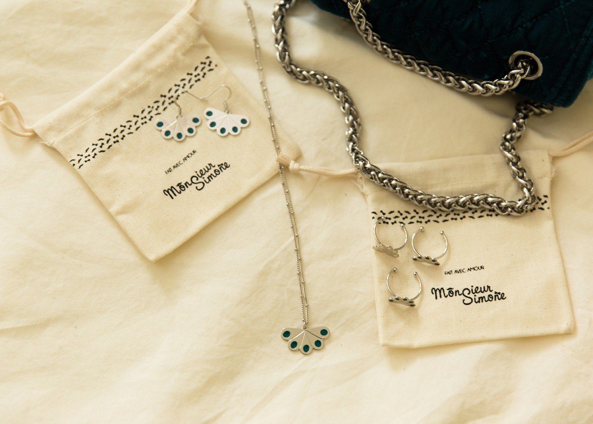 BO Dormeuses Tao Argent Noir Paon Ronds Boucles d'Oreilles Monsieur Simone